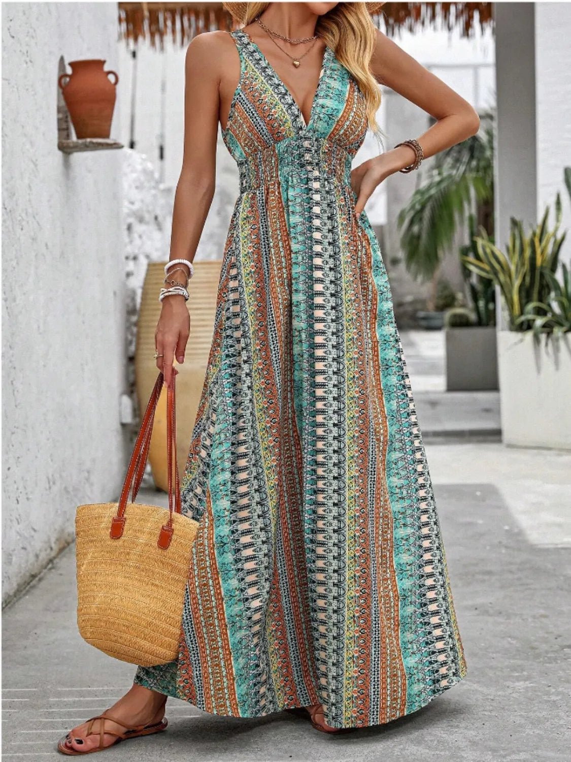 Tied Back Printed Sleeveless Maxi Slit Dress - Goddess Vibes