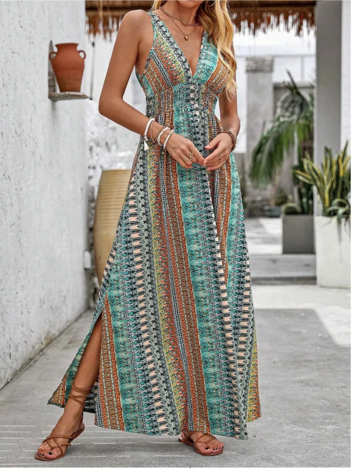 Tied Back Printed Sleeveless Maxi Slit Dress - Goddess Vibes