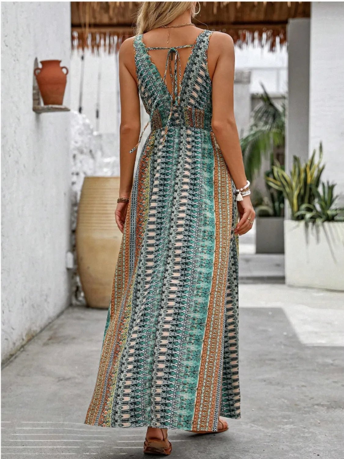 Tied Back Printed Sleeveless Maxi Slit Dress - Goddess Vibes