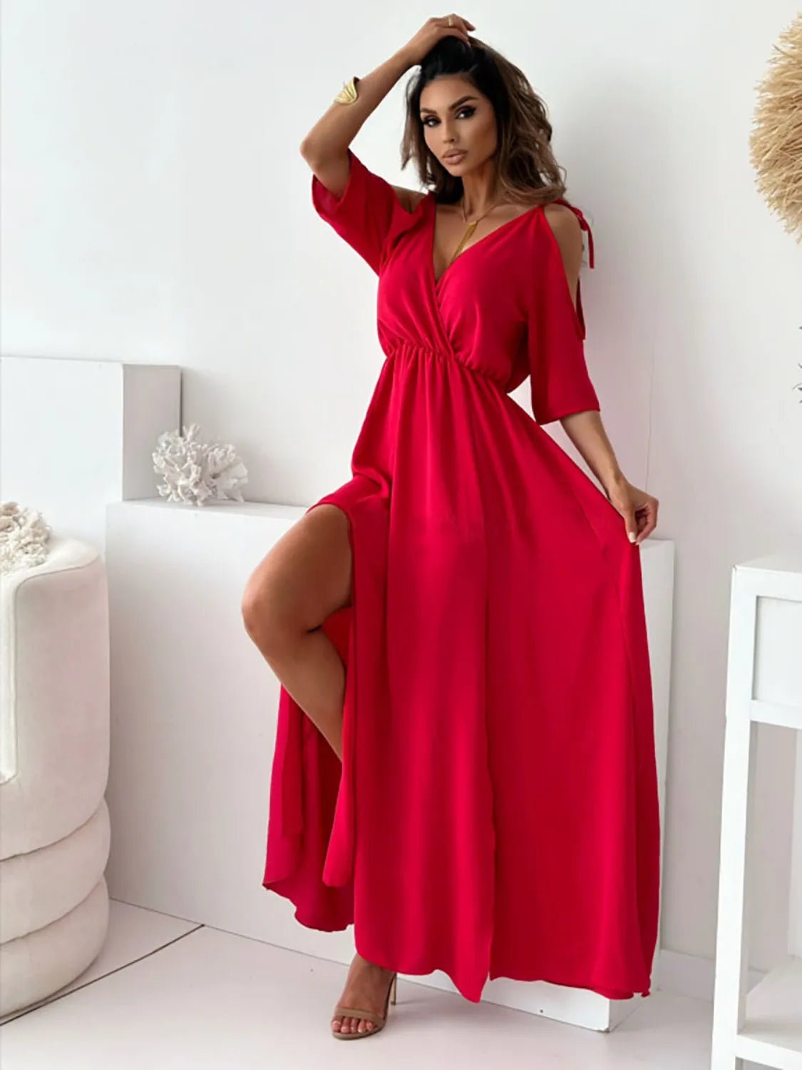 Tied Shoulder Slit Maxi Dress - Goddess Vibes