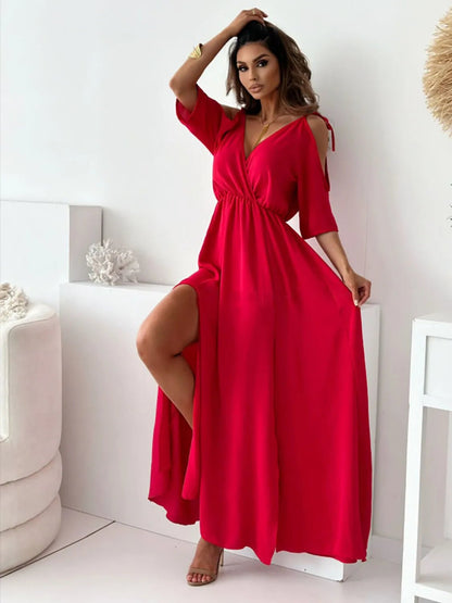 Tied Shoulder Slit Maxi Dress - Goddess Vibes