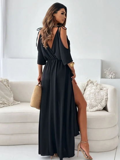 Tied Shoulder Slit Maxi Dress - Goddess Vibes