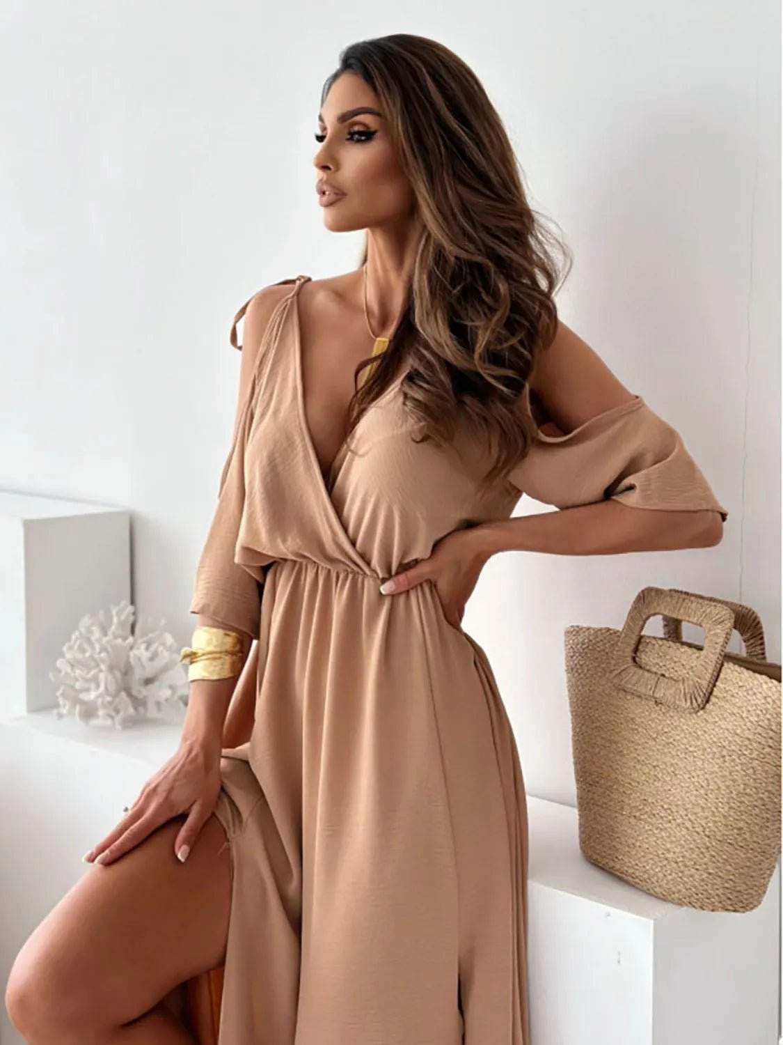 Tied Shoulder Slit Maxi Dress - Goddess Vibes