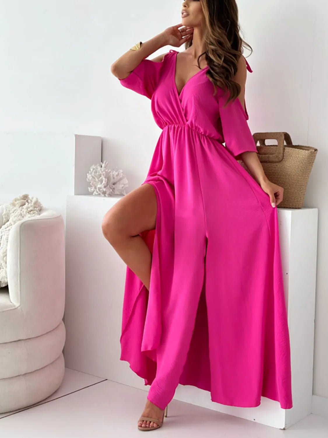 Tied Shoulder Slit Maxi Dress - Goddess Vibes