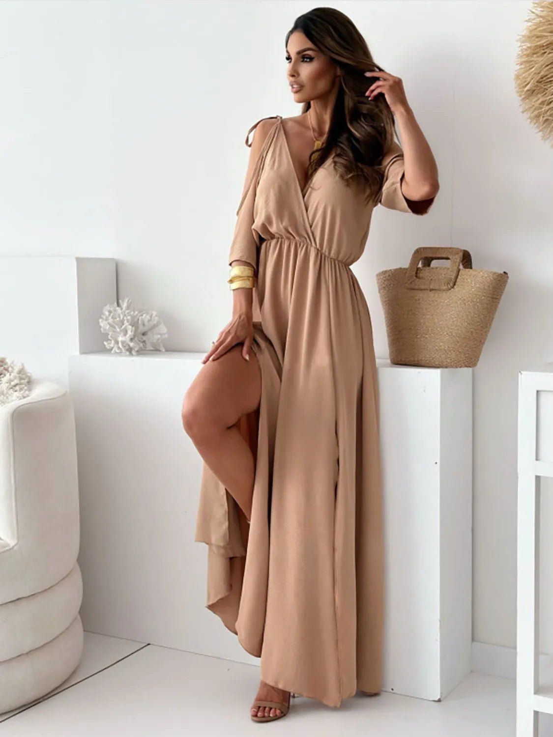 Tied Shoulder Slit Maxi Dress - Goddess Vibes