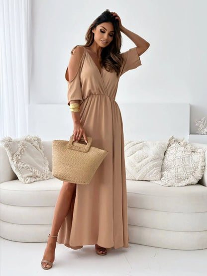 Tied Shoulder Slit Maxi Dress - Goddess Vibes