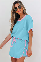 Turquoise Colorblock Edge Drop Shoulder T Shirt and Skort 2Pcs Set - Crowned Energy CO.