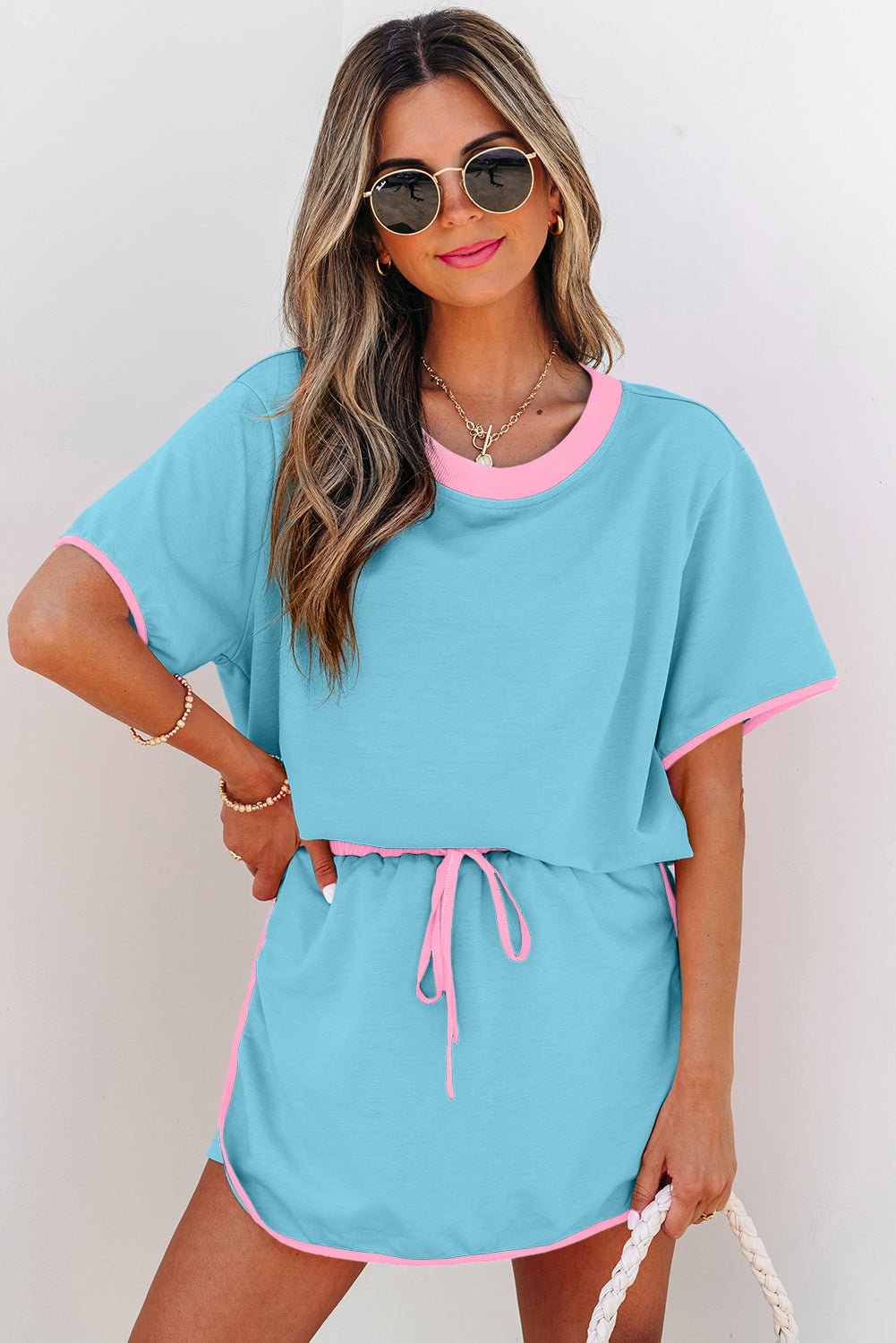 Turquoise Colorblock Edge Drop Shoulder T Shirt and Skort 2Pcs Set - Crowned Energy CO.