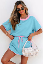 Turquoise Colorblock Edge Drop Shoulder T Shirt and Skort 2Pcs Set - Crowned Energy CO.