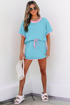 Turquoise Colorblock Edge Drop Shoulder T Shirt and Skort 2Pcs Set - Crowned Energy CO.