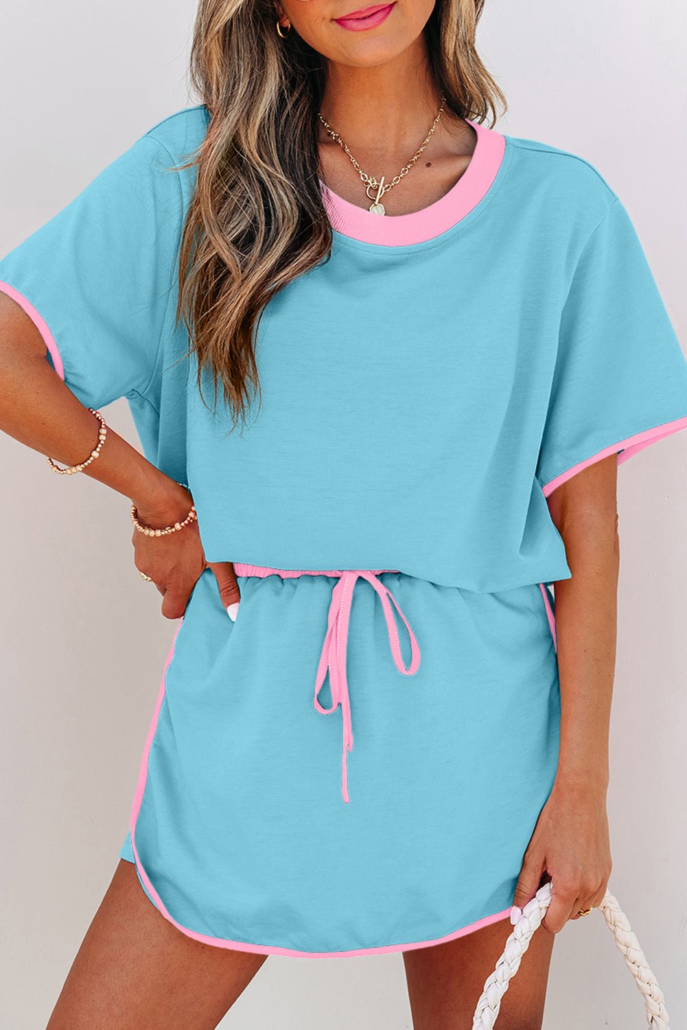 Turquoise Colorblock Edge Drop Shoulder T Shirt and Skort 2Pcs Set - Crowned Energy CO.