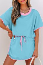 Turquoise Colorblock Edge Drop Shoulder T Shirt and Skort 2Pcs Set - Crowned Energy CO.
