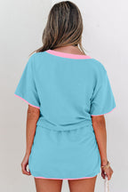 Turquoise Colorblock Edge Drop Shoulder T Shirt and Skort 2Pcs Set - Crowned Energy CO.