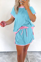 Turquoise Colorblock Edge Drop Shoulder T Shirt and Skort 2Pcs Set - Crowned Energy CO.