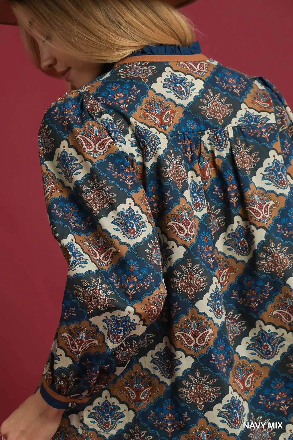 Umgee Abstract Print Ruffle Neck Top - Goddess Vibes