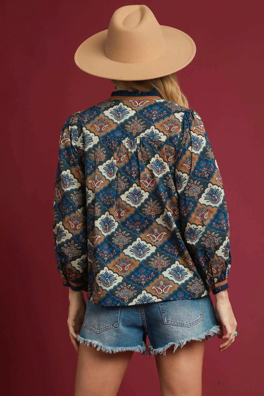 Umgee Abstract Print Ruffle Neck Top - Goddess Vibes