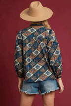 Umgee Abstract Print Ruffle Neck Top - Goddess Vibes