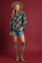 Umgee Abstract Print Ruffle Neck Top - Goddess Vibes