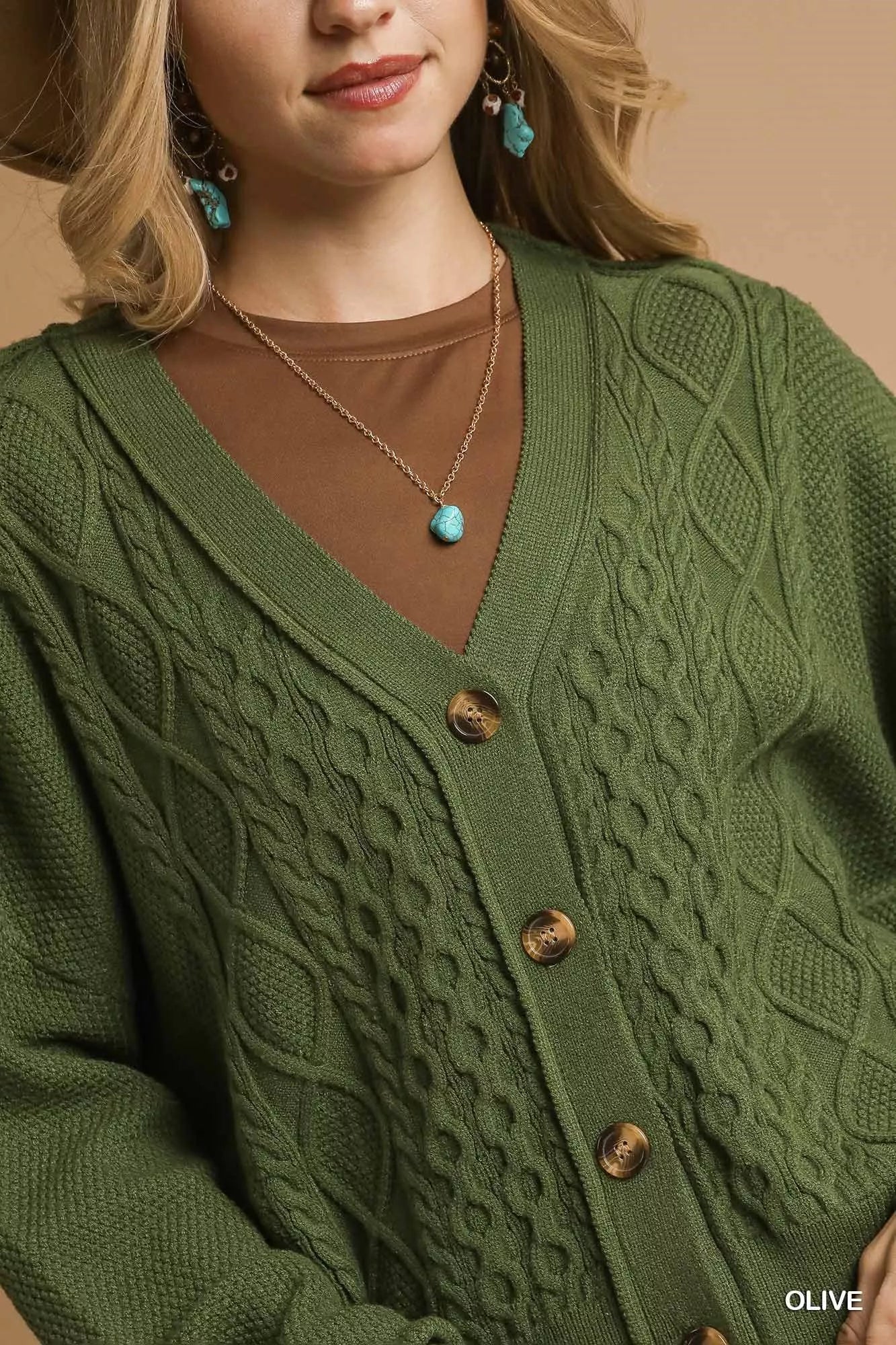 Umgee Chunky Cable Knit V - Neck Button - Up Cardigan - Goddess Vibes