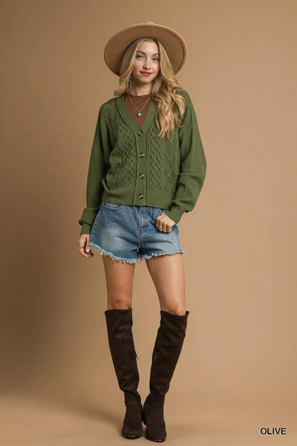 Crowned Energy CO. Olive / S Trendsi Sweaters & Cardigans/Cardigans Umgee Chunky Cable Knit V-Neck Button-Up Cardigan
