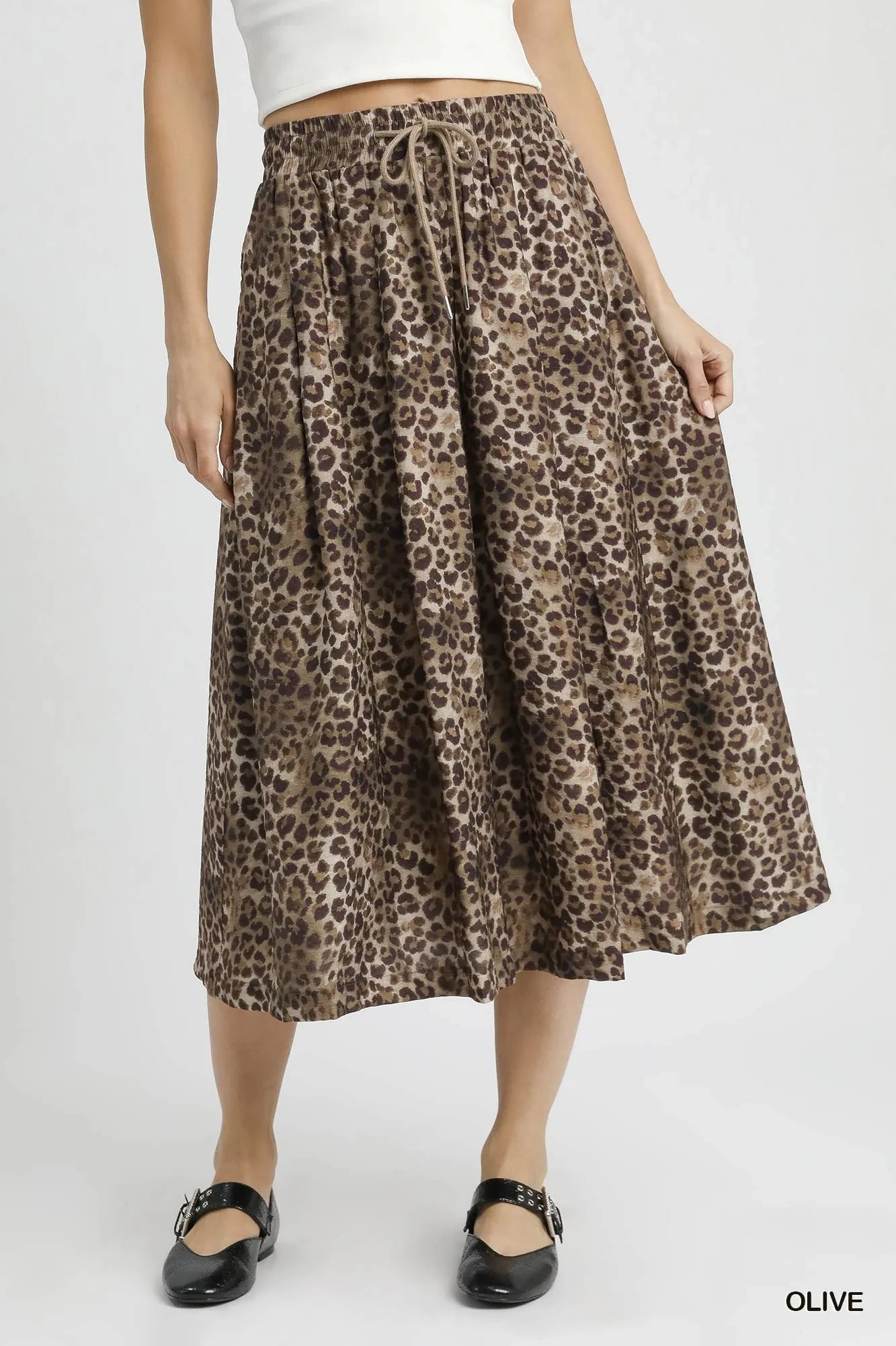 Umgee Drawstring Leopard Midi Skirt - Crowned Energy CO.
