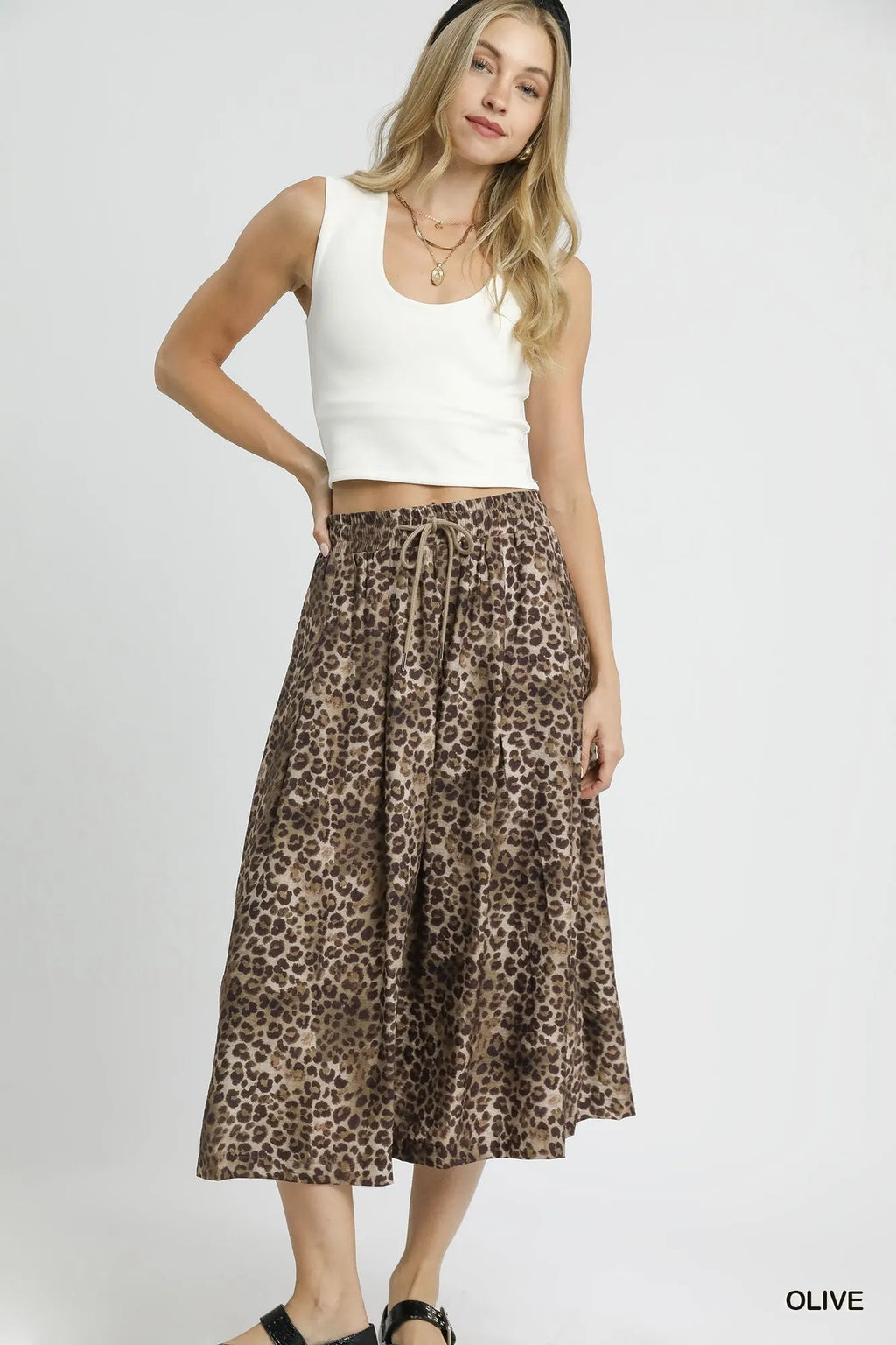 Umgee Drawstring Leopard Midi Skirt - Crowned Energy CO.
