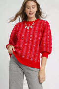 Crowned Energy CO. Red / S Trendsi Sweaters & Cardigans/Cardigans Umgee Jacquard Knit Puff Sleeve Sweater