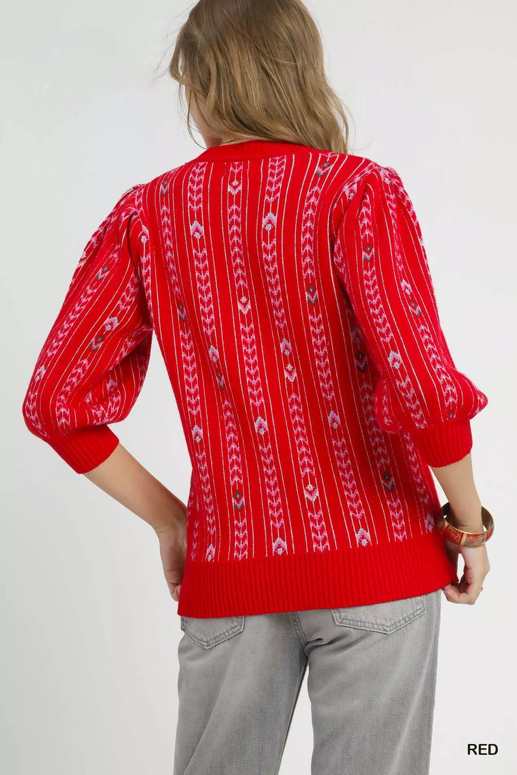 Crowned Energy CO. Red / S Trendsi Sweaters & Cardigans/Cardigans Umgee Jacquard Knit Puff Sleeve Sweater