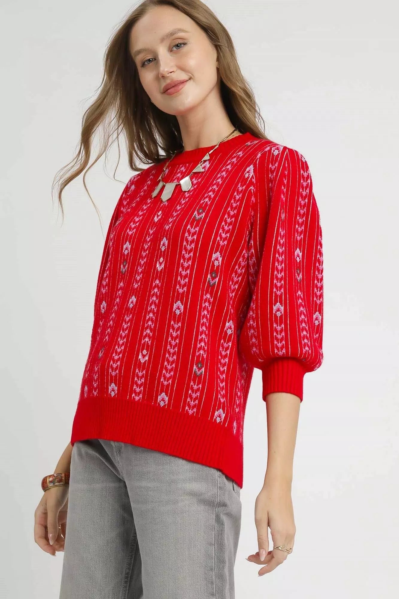Umgee Jacquard Knit Puff Sleeve Sweater - Goddess Vibes
