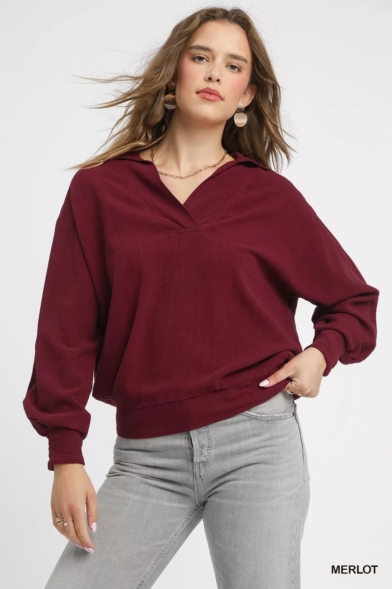 Umgee Linen Long Sleeves Elastic Hem Blouse - Goddess Vibes