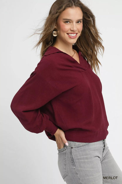 Umgee Linen Long Sleeves Elastic Hem Blouse - Goddess Vibes