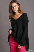 Crowned Energy CO. Black / S Trendsi Sweaters & Cardigans/Cardigans Umgee V-Neck High Low Hem Knit Top with Side Slit
