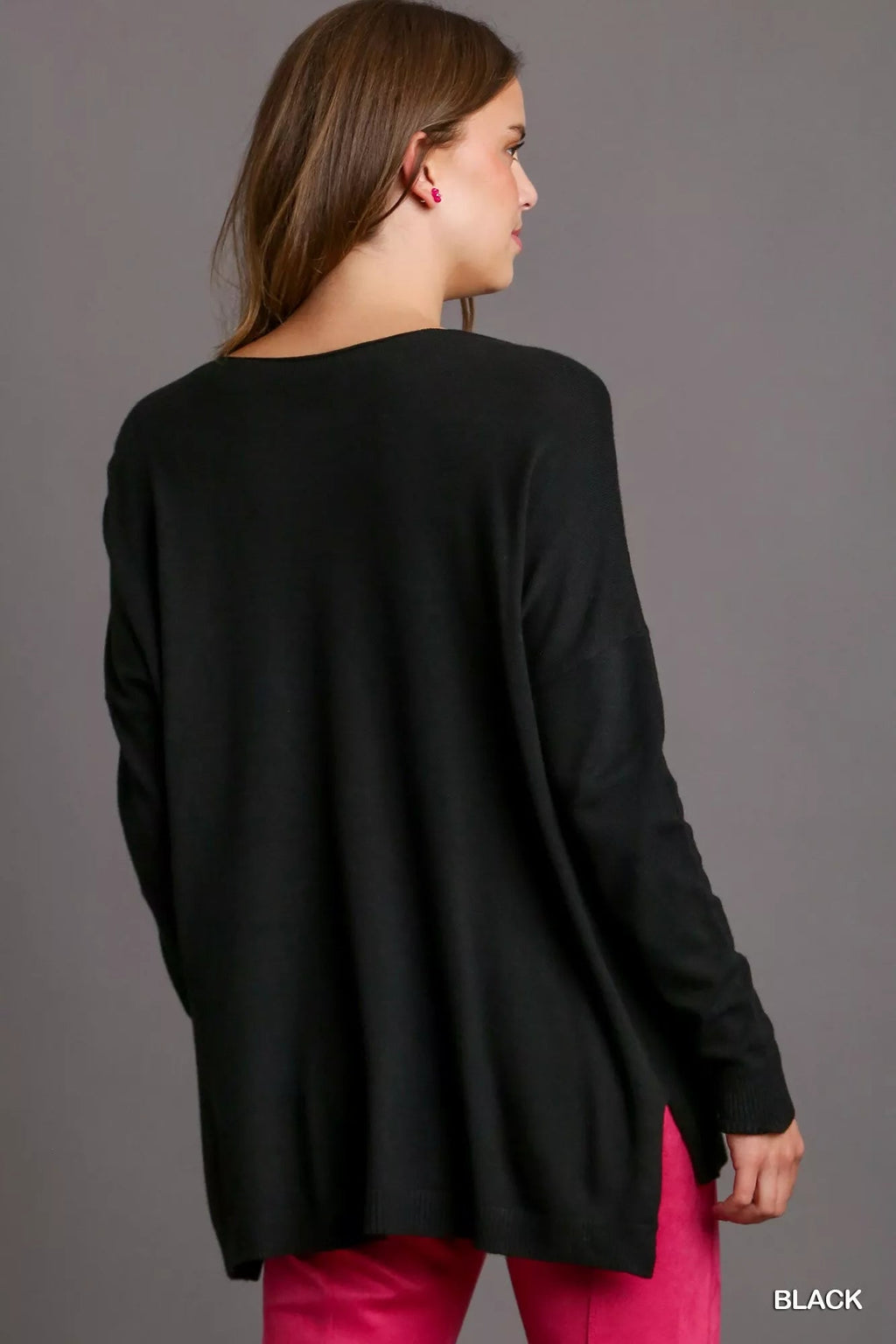 Crowned Energy CO. Black / S Trendsi Sweaters & Cardigans/Cardigans Umgee V-Neck High Low Hem Knit Top with Side Slit