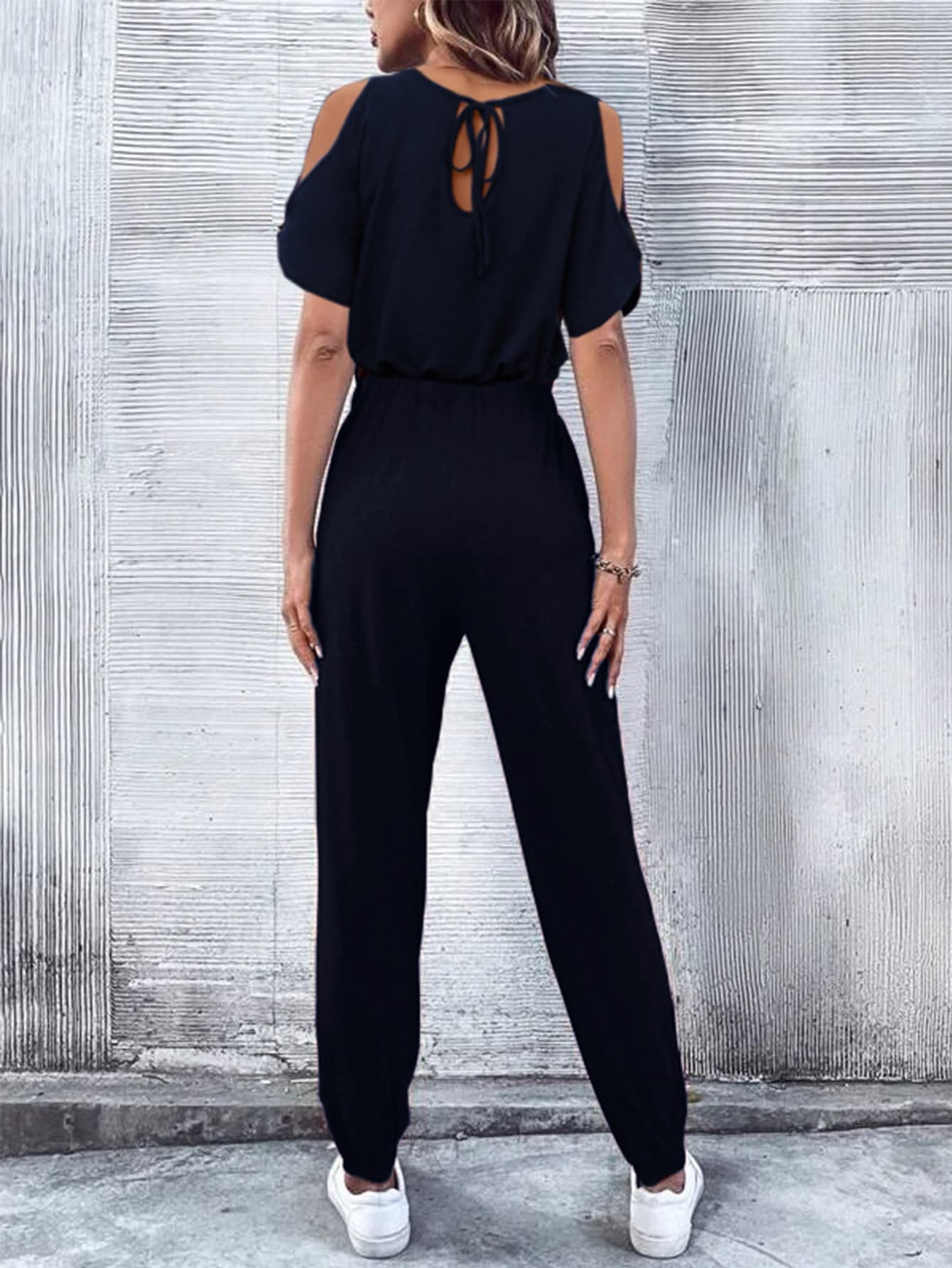 V - Neck Cold - Shoulder Jumpsuit with Pockets - Crowned Energy CO.