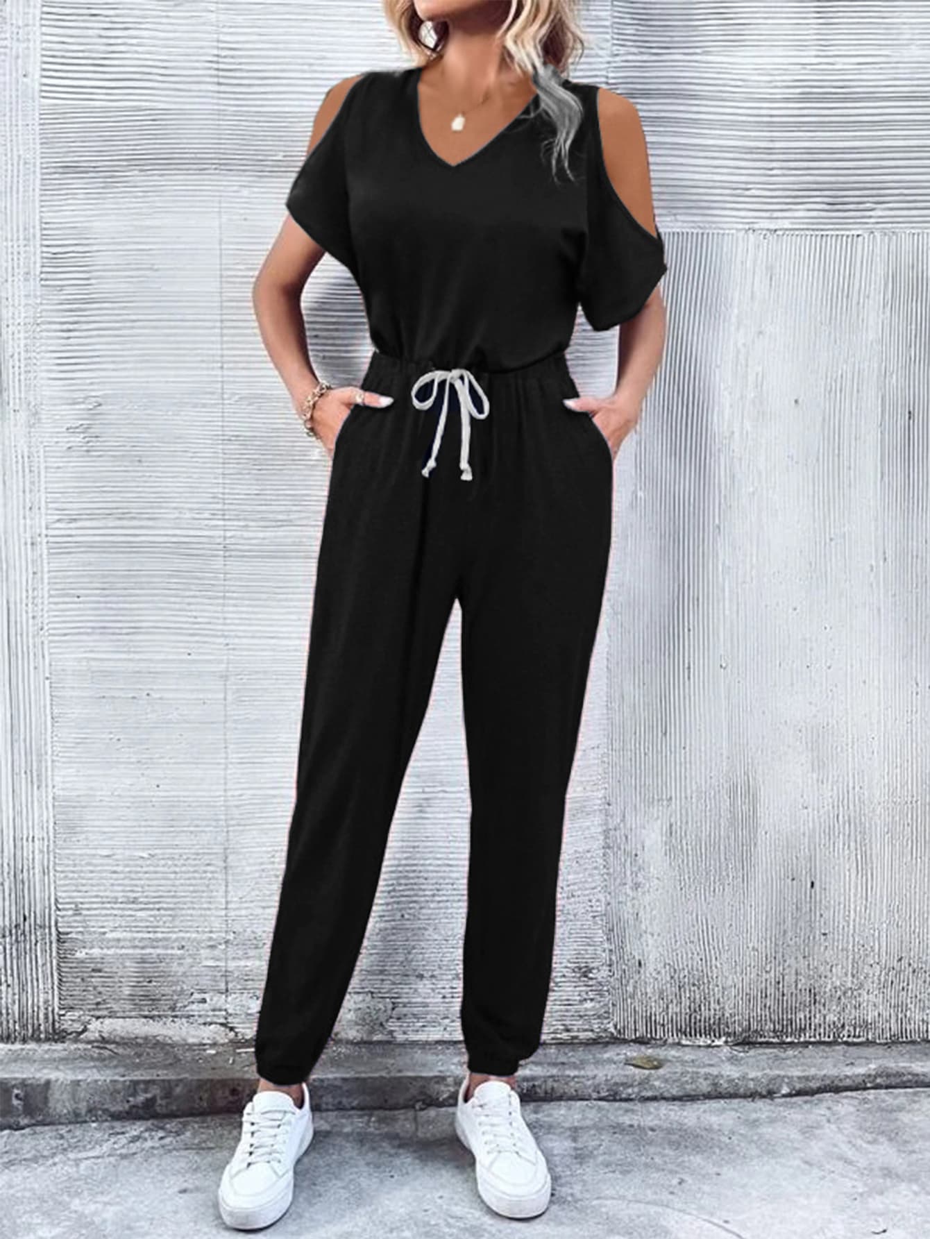 V - Neck Cold - Shoulder Jumpsuit with Pockets - Crowned Energy CO.