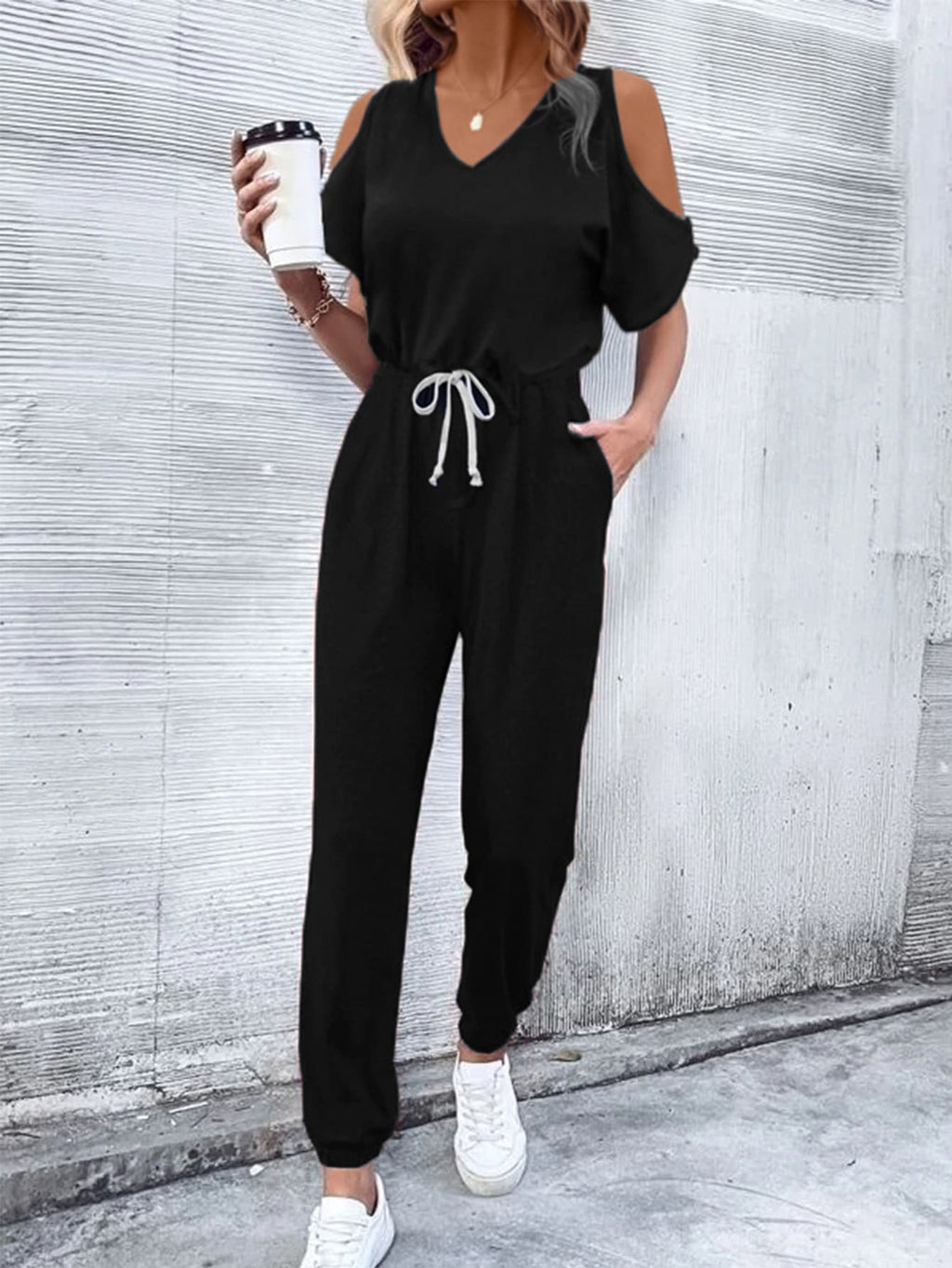 V - Neck Cold - Shoulder Jumpsuit with Pockets - Crowned Energy CO.