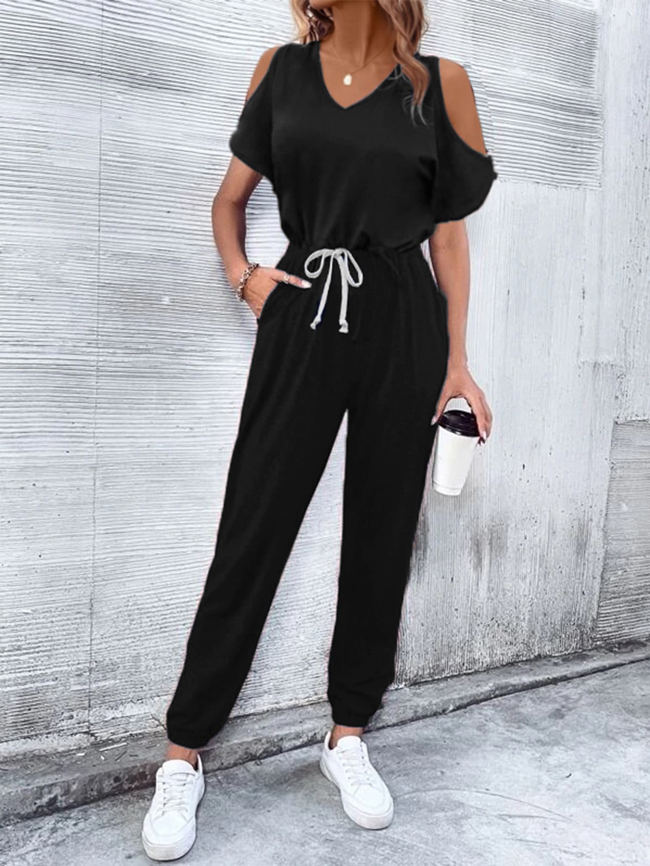 V - Neck Cold - Shoulder Jumpsuit with Pockets - Crowned Energy CO.