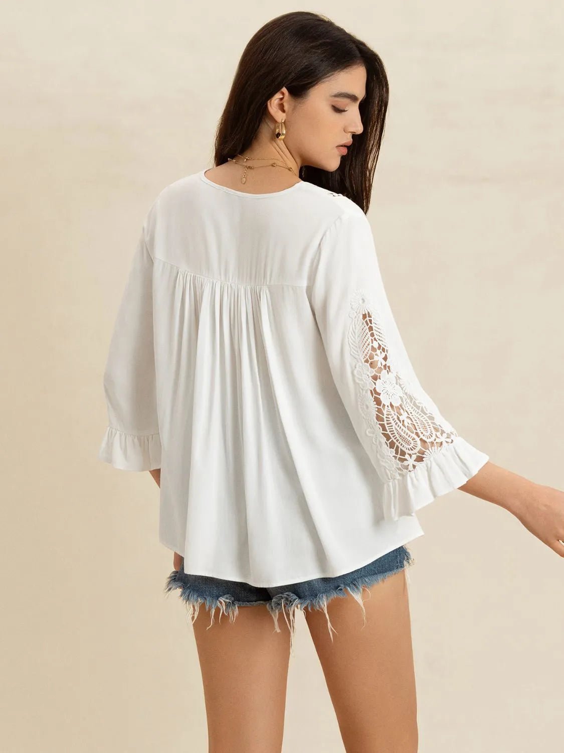 V - Neck Lace Flounce Sleeve Top - Goddess Vibes