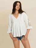 Crowned Energy CO. White / S Trendsi Tops/Blouses & Shirts V-Neck Lace Flounce Sleeve Top