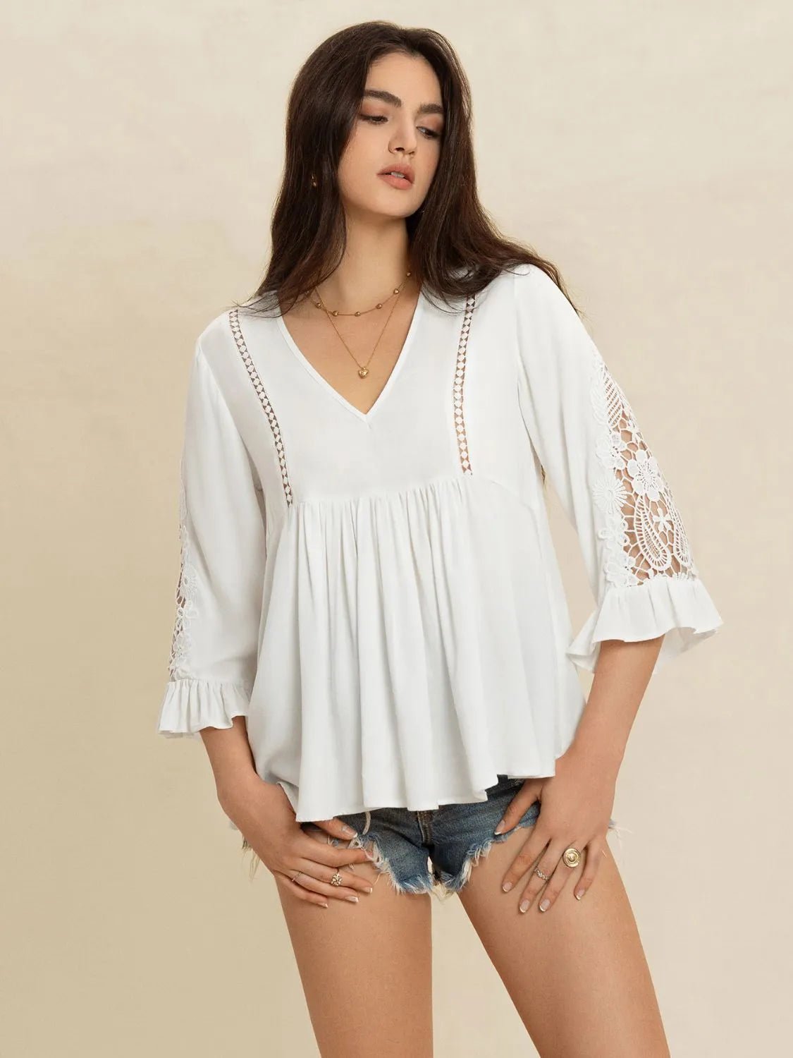 V - Neck Lace Flounce Sleeve Top - Goddess Vibes