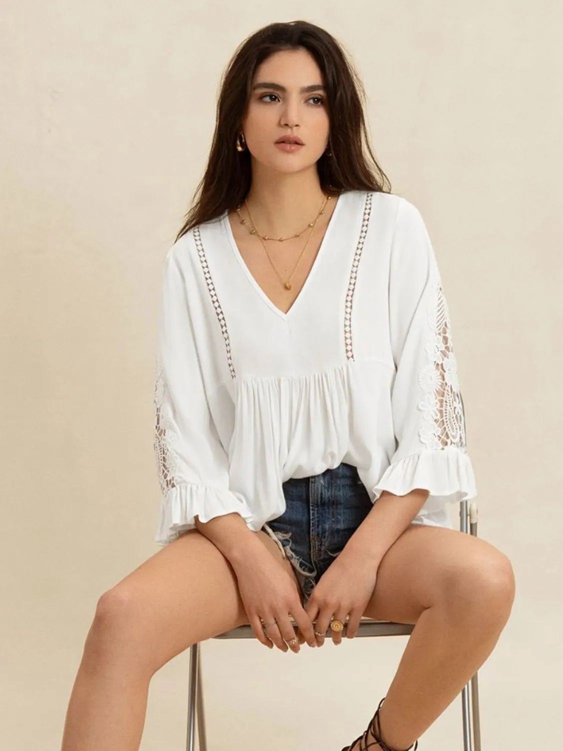 V - Neck Lace Flounce Sleeve Top - Goddess Vibes