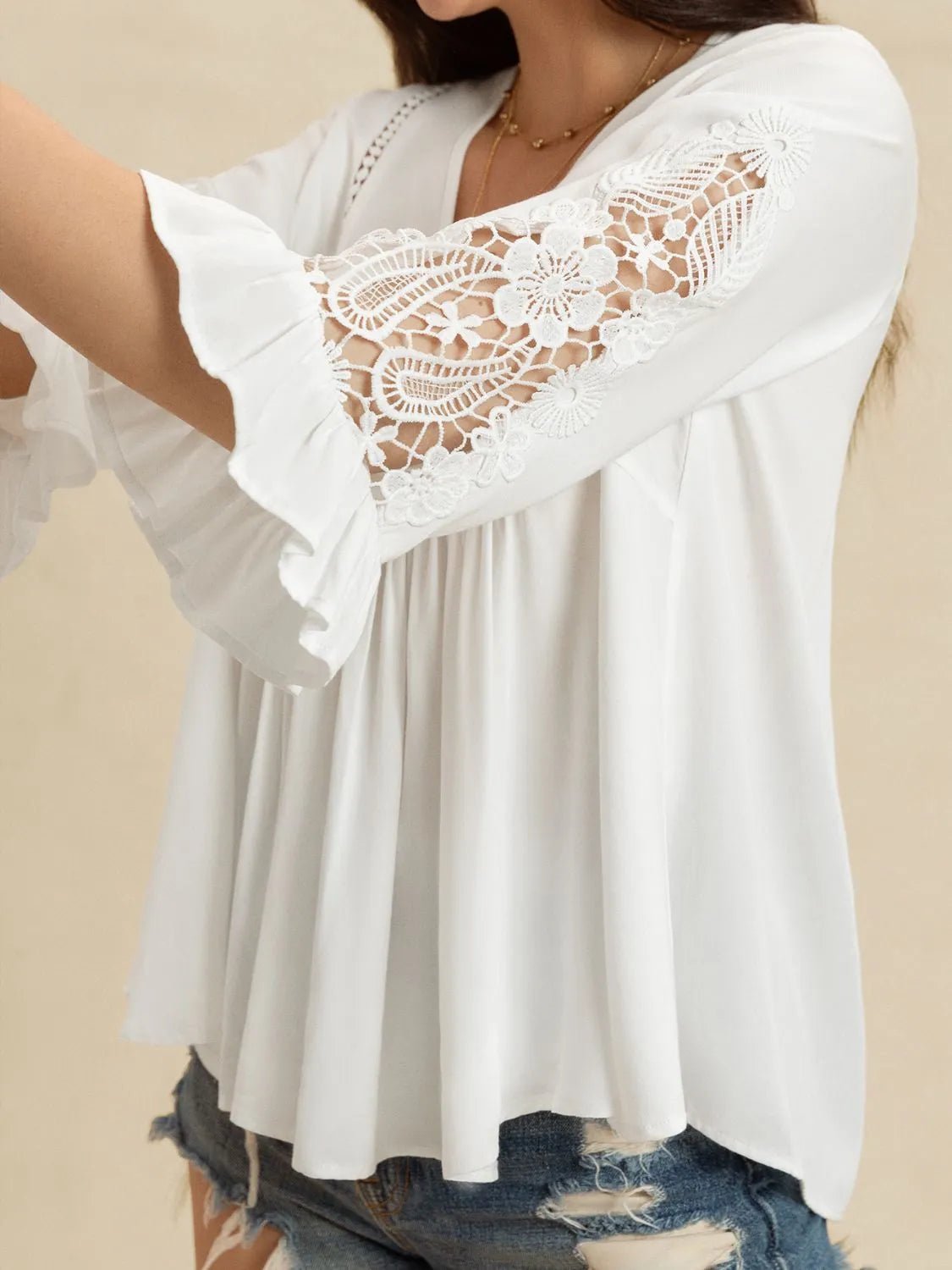 V - Neck Lace Flounce Sleeve Top - Goddess Vibes
