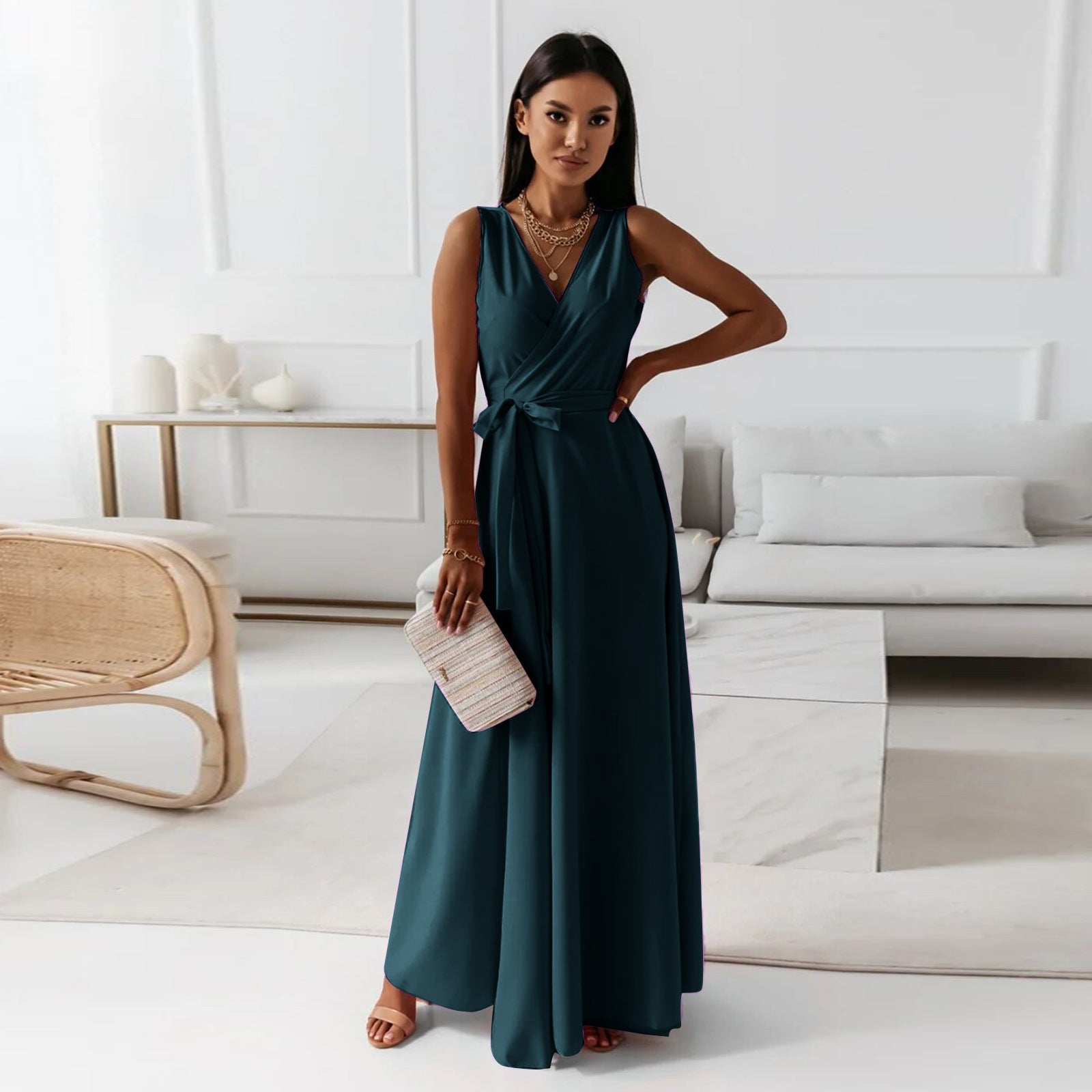 Crowned Energy CO. Dark Green / L Goddess Vibes Dresses V-neck Sleeveless Dress With Belt Summer Fashion Party Club Evening Maxi Dresses For Women Clothing