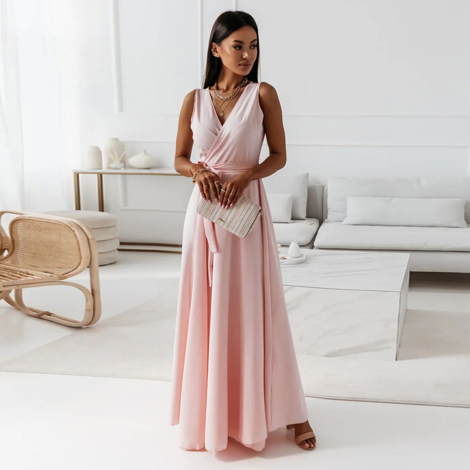 Crowned Energy CO. Lotus Root Color / L Goddess Vibes Dresses V-neck Sleeveless Dress With Belt Summer Fashion Party Club Evening Maxi Dresses For Women Clothing