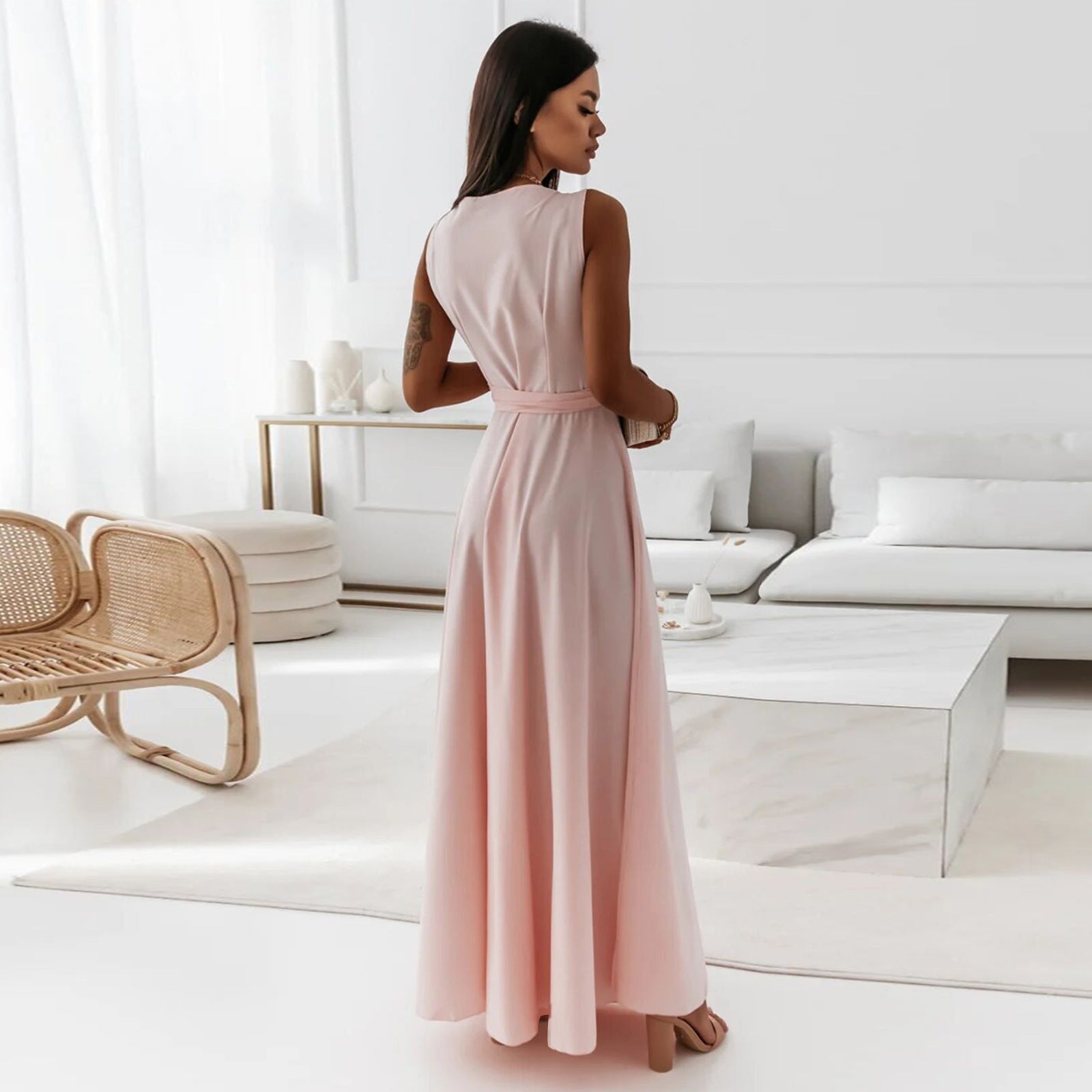 Crowned Energy CO. Blue / L Goddess Vibes Dresses V-neck Sleeveless Dress With Belt Summer Fashion Party Club Evening Maxi Dresses For Women Clothing