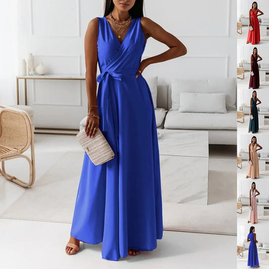 V - neck Sleeveless Dress With Belt Summer Fashion Party Club Evening Maxi Dresses For Women Clothing - Goddess Vibes