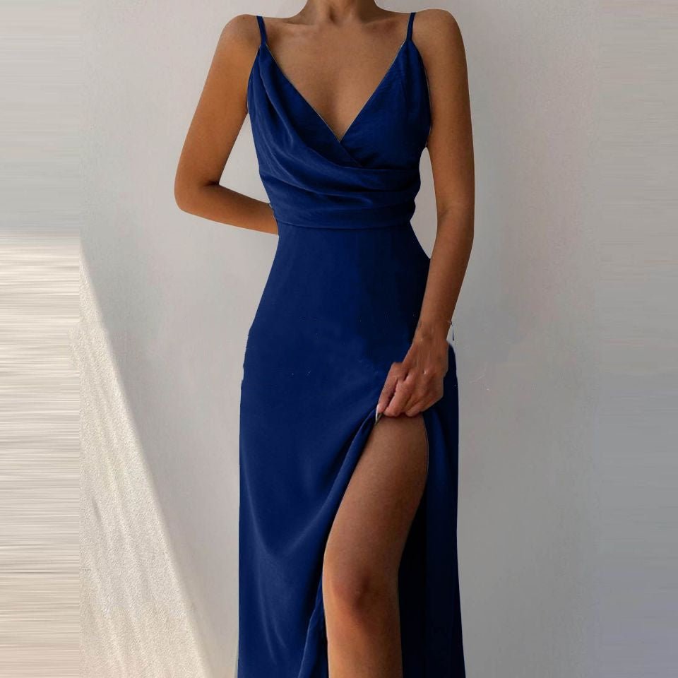 Crowned Energy CO. Navy Blue / 2XL Goddess Vibes Dresses V-neck Slit Sling Dress Summer Fashion Sexy Slim Suspender Dresses For Women Clothing