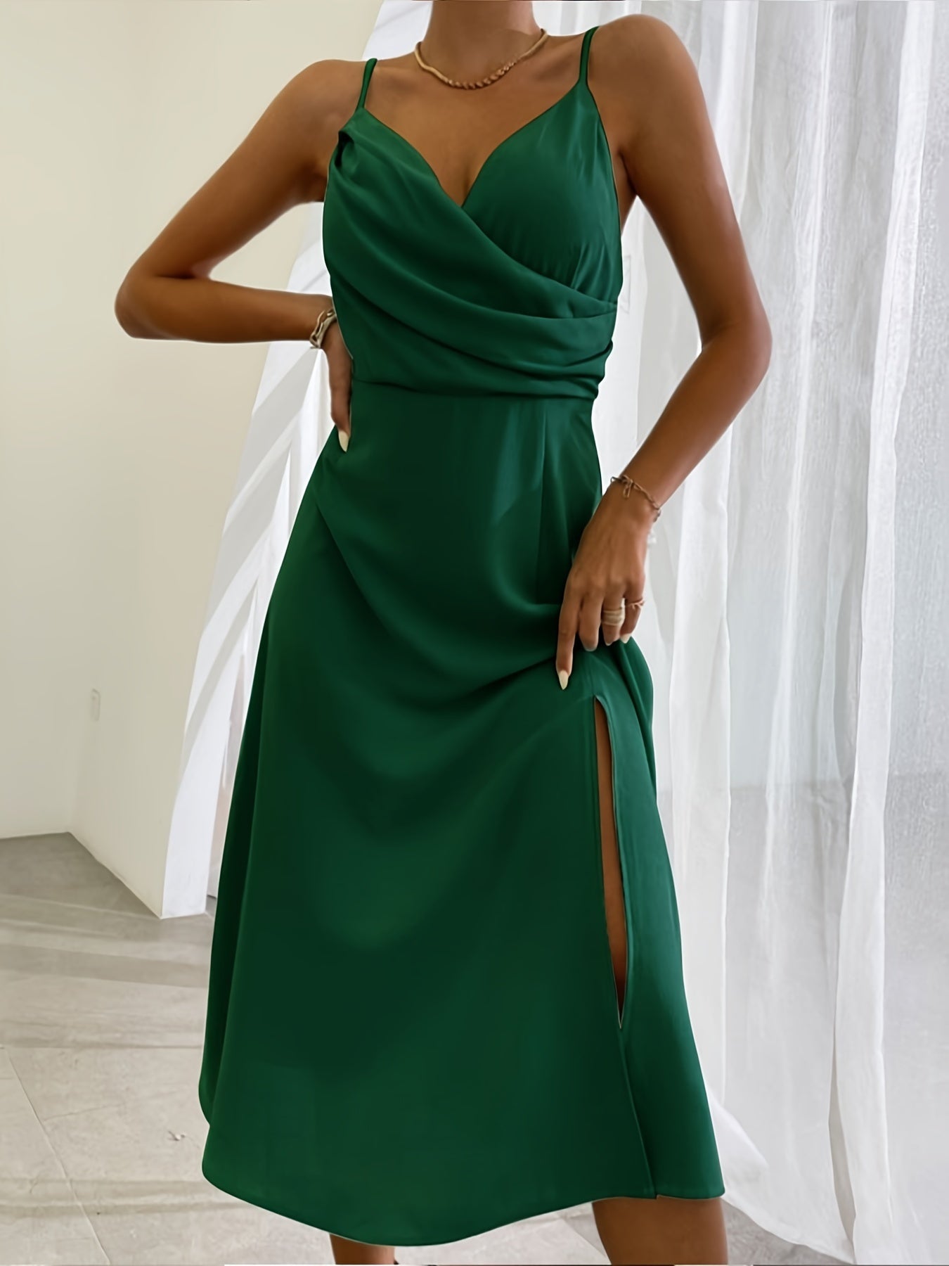 Crowned Energy CO. Dark green / 2XL Goddess Vibes Dresses V-neck Slit Sling Dress Summer Fashion Sexy Slim Suspender Dresses For Women Clothing