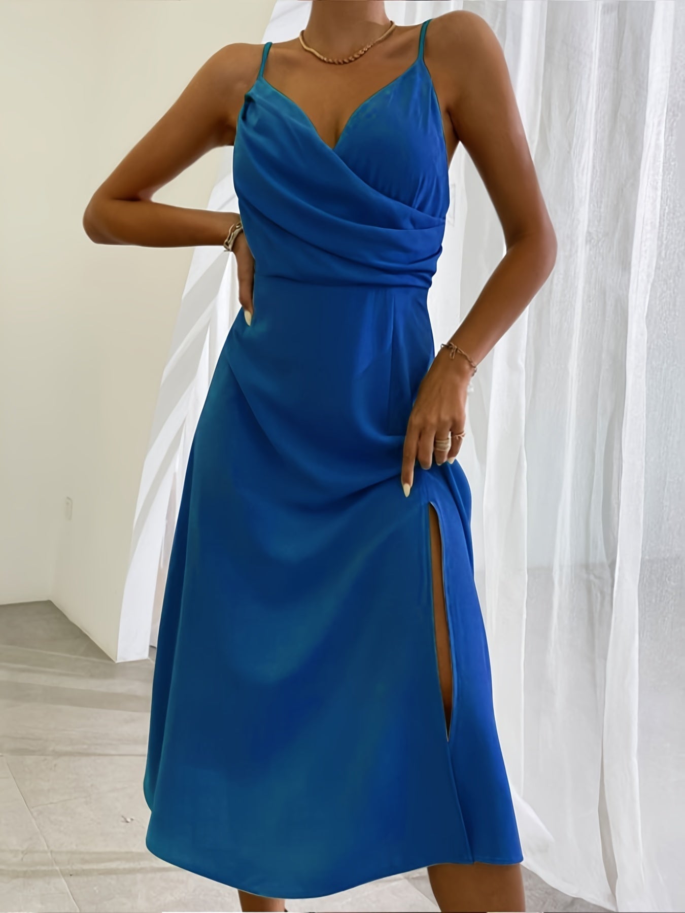 Crowned Energy CO. Blue / 2XL Goddess Vibes Dresses V-neck Slit Sling Dress Summer Fashion Sexy Slim Suspender Dresses For Women Clothing