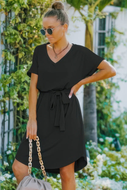 V Neck Waist Tie Solid A Line Dress - Goddess Vibes